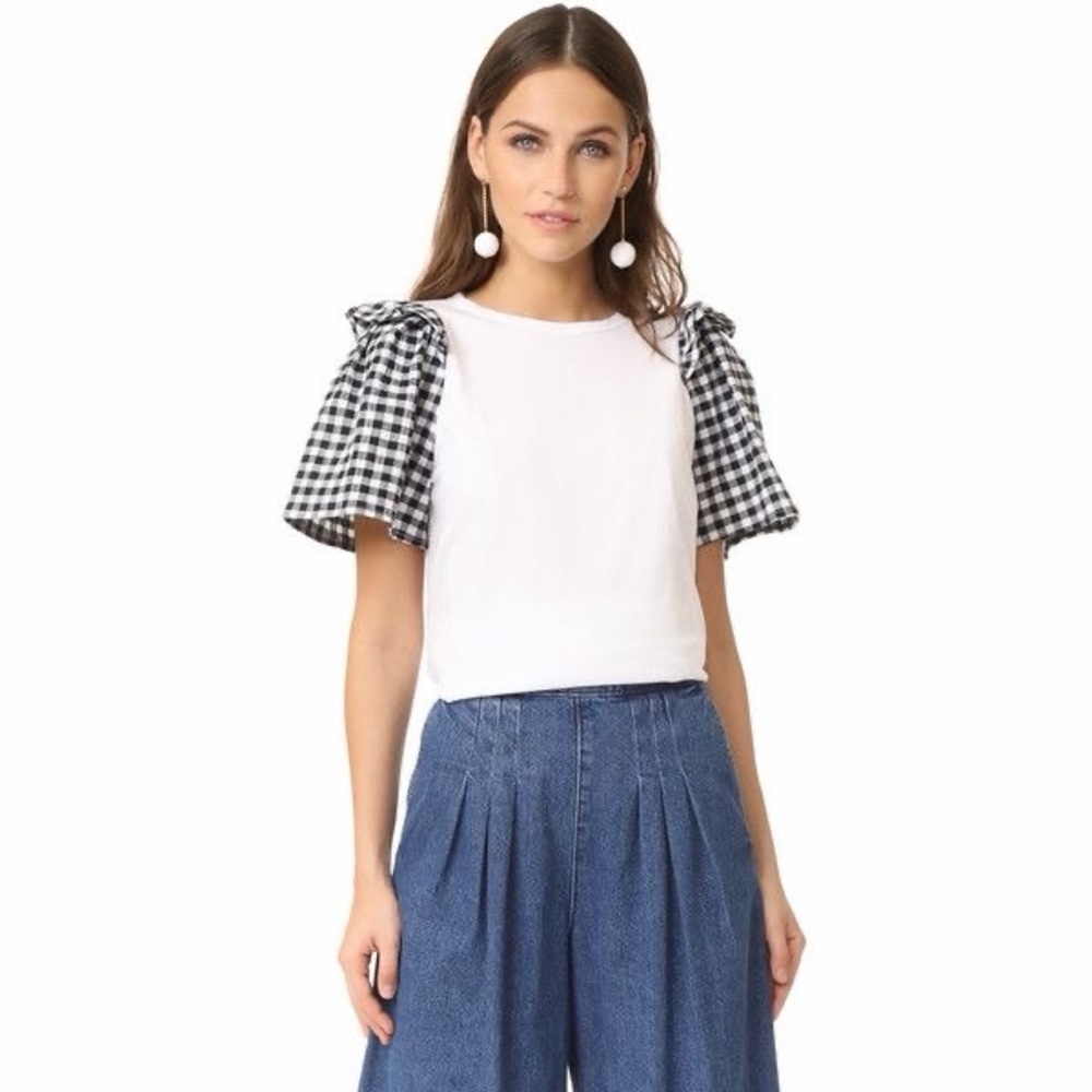 NEW Clu Ruffle Puff Short Sleeve Mix Media Top Black and White Gingham Print